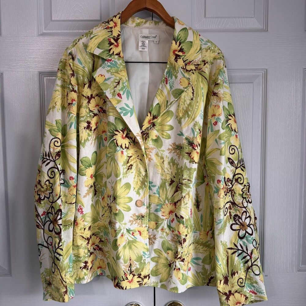 Women's Coldwater Creek 3XL Blazer Jacket White with Green/Yellow Floral Designs
